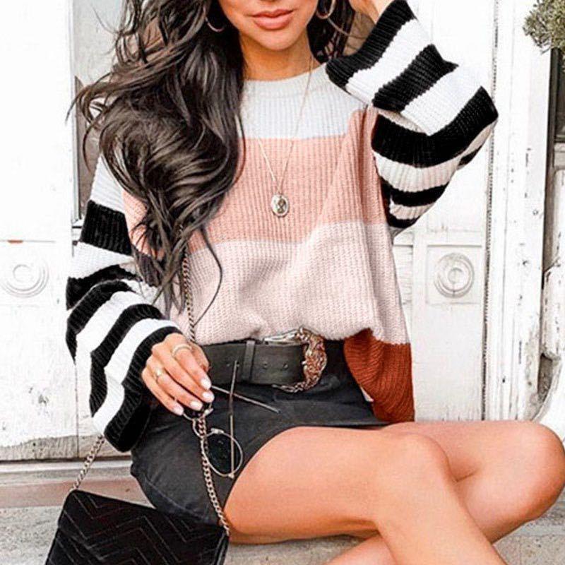 2021 Autumn and Winter New Women Clothing Color Splicing Knitwear