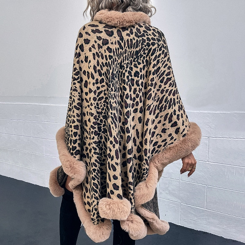Woman wearing 2022 Winter Thick Warm Poncho with Fur Collar, vintage leopard pattern, stylish and cozy