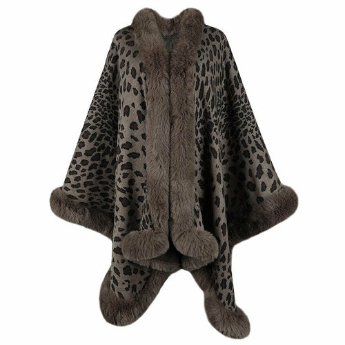2022 vintage leopard pattern poncho with fur collar, thick warm cape coat for women, stylish winter wear