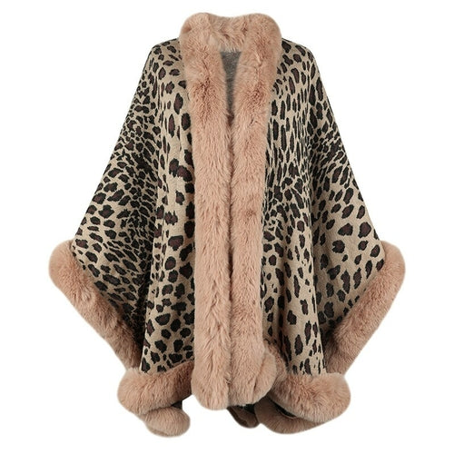 2022 Winter Thick Warm Poncho Fur Collar Cape Coat for Women with vintage leopard pattern and batwing sleeves
