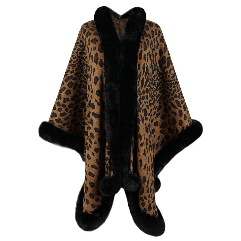 2022 Winter Thick Warm Poncho Fur Collar Cape Coat for Women, vintage leopard pattern design with batwing sleeves and open stitch closure.