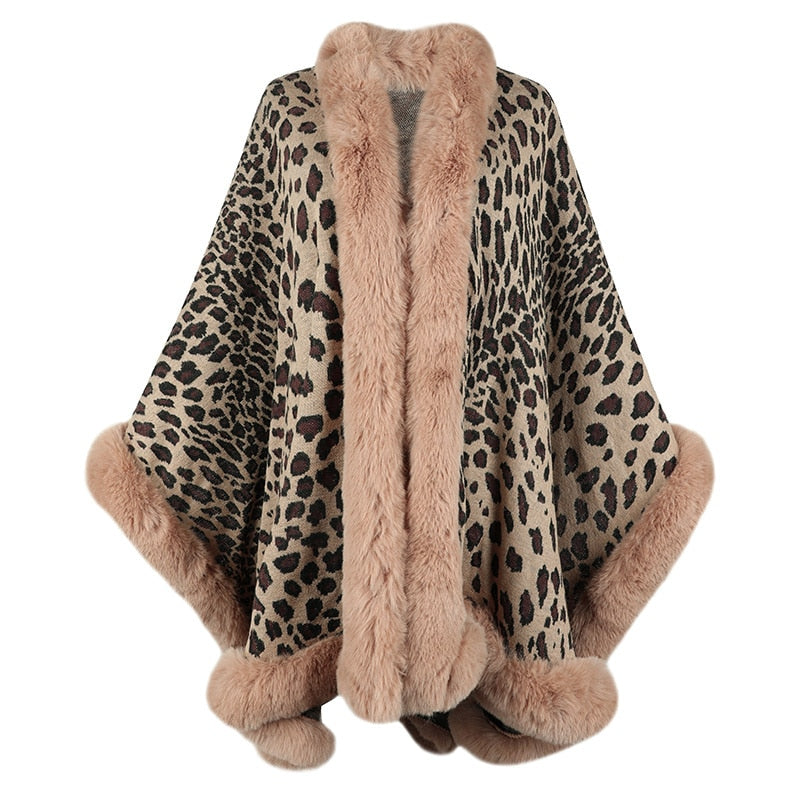 2022 Winter thick warm poncho with fur collar, leopard print, and batwing sleeves, vintage-inspired design for women.