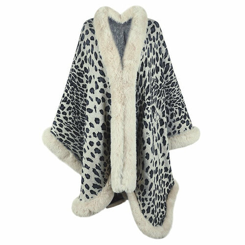 2022 Winter Thick Warm Poncho Fur Collar Cape Coat for Women in Vintage Leopard Pattern