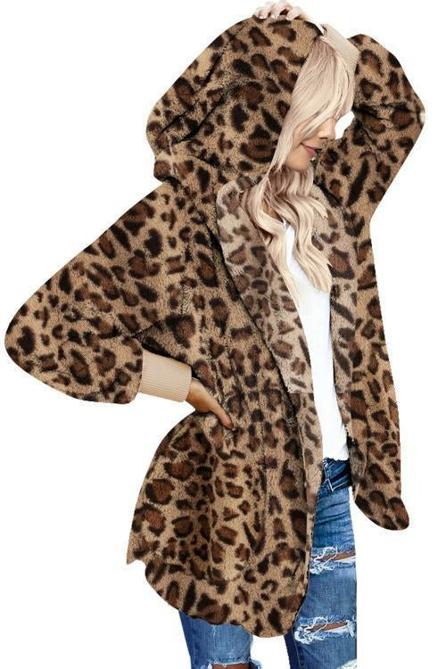 Women Winter Leopard Soft Fleece Hooded Open Front Coat