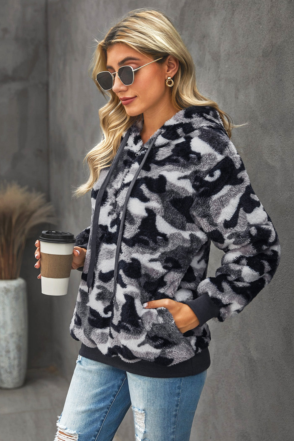 Winter Women's Gray Camo Print Warm Furry Pullover Hoodie