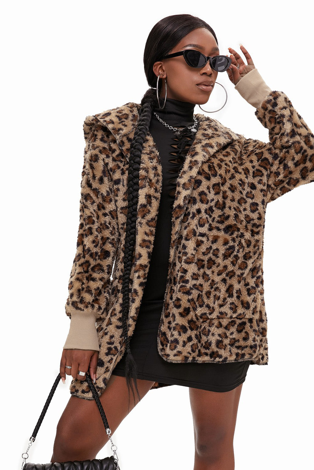 Women Winter Leopard Soft Fleece Hooded Open Front Coat