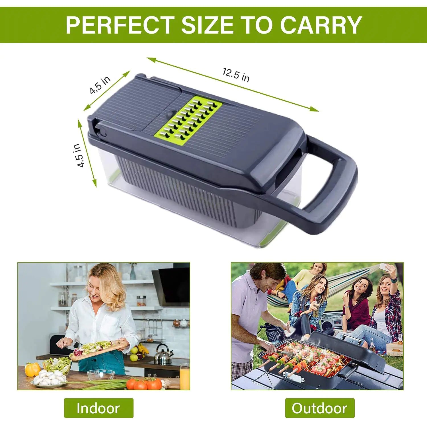 Collapsible kitchen grater with dimensions, showcased indoor with a woman using it and outdoor with friends grilling.