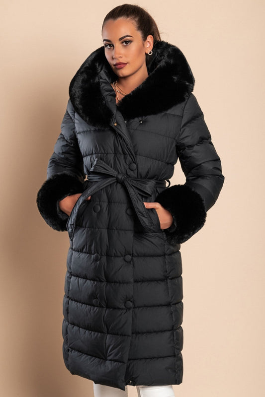 Long padded winter jacket with faux fur, black