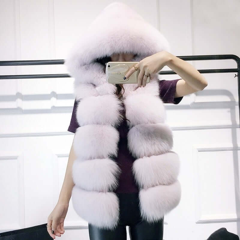 2022 Winter Sleeveless Faux Fur Gilet with Hood for Women, Stylish Pink Vest, Cozy Outerwear for the Season.