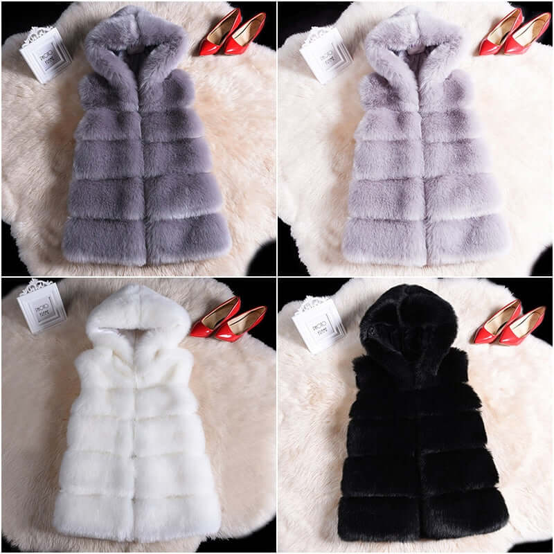 2022 winter sleeveless faux fur coat gilet in gray, white, and black colors, featuring a hood and soft texture.