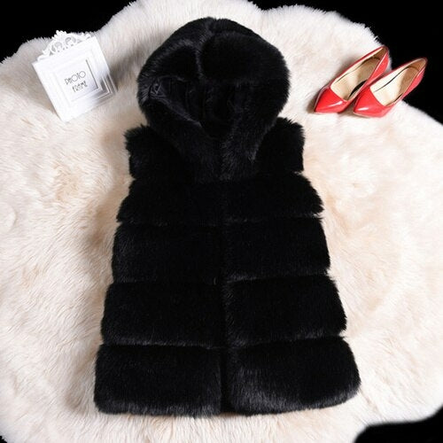 Black 2022 winter sleeveless faux fox fur coat gilet on white fur rug next to red high heels