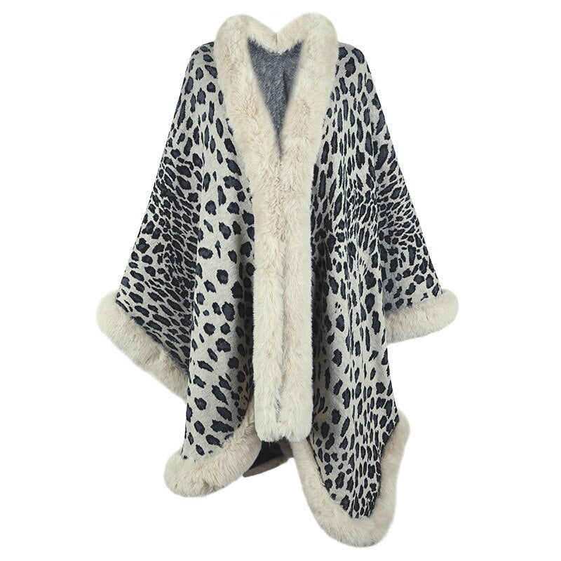 2022 Winter thick warm poncho with fur collar and leopard pattern, vintage cape coat for women