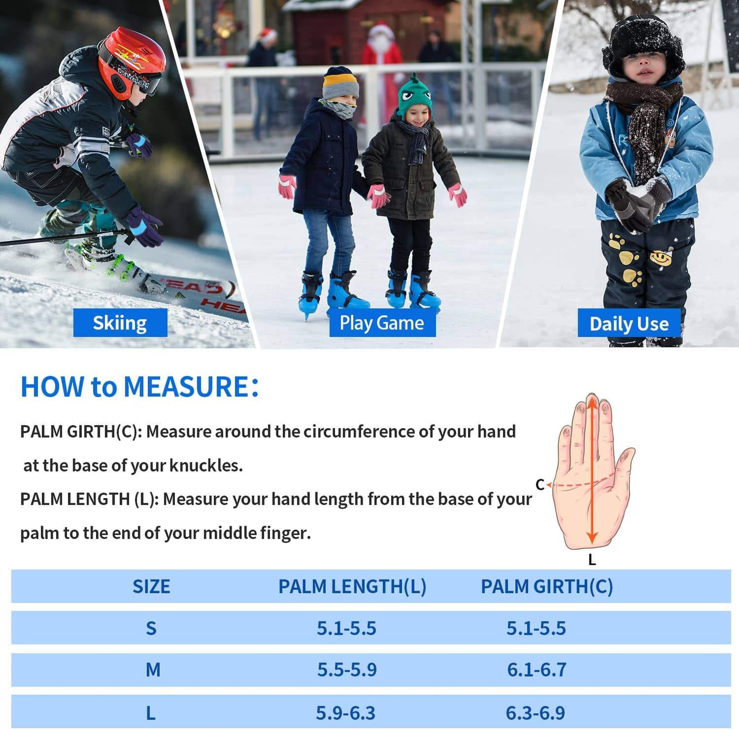 Collage of children wearing Kid Winter Ski Gloves S4 for skiing, playing, and daily use, along with a hand measurement guide for glove sizing.