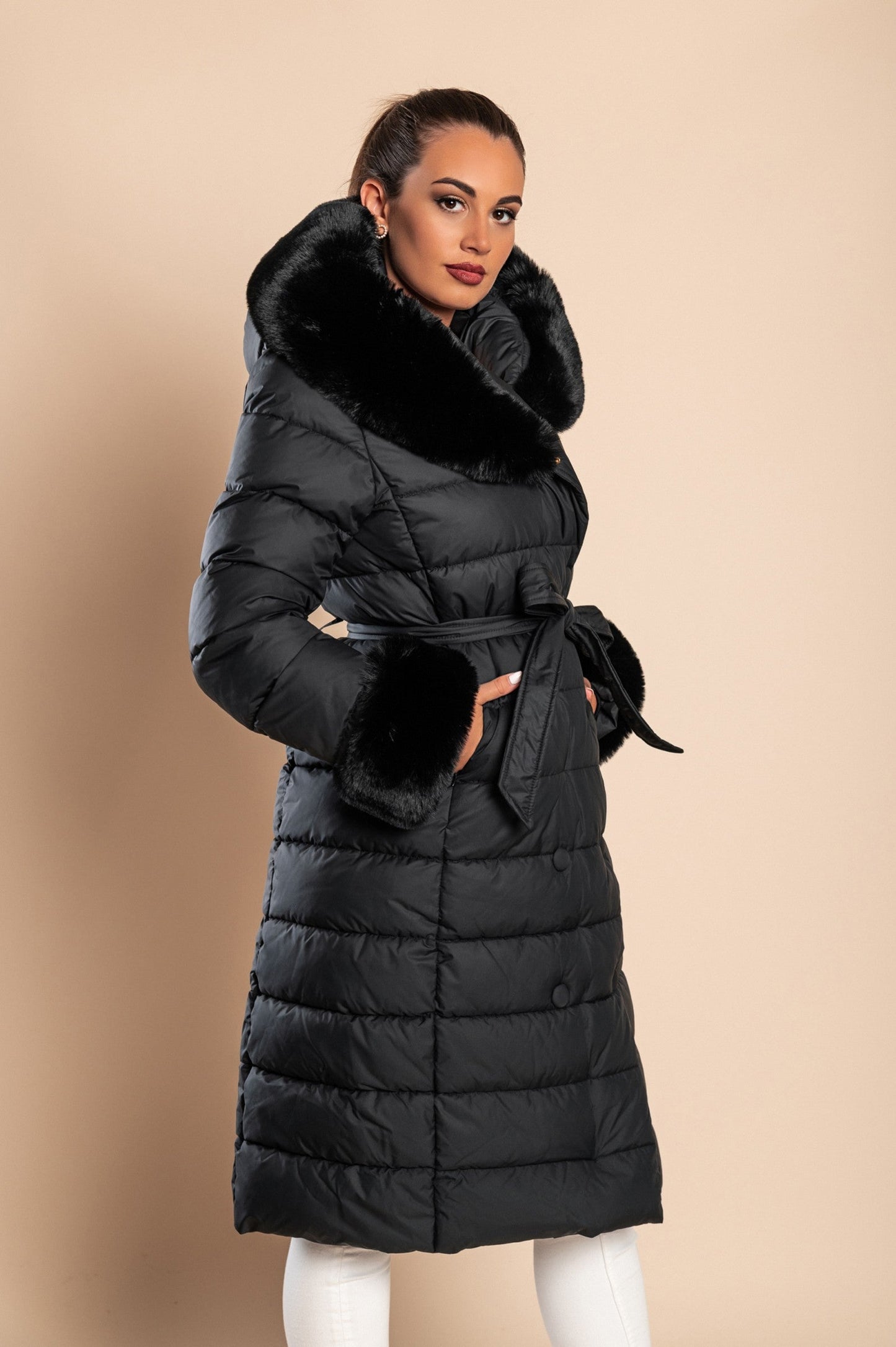 Long padded winter jacket with faux fur, black