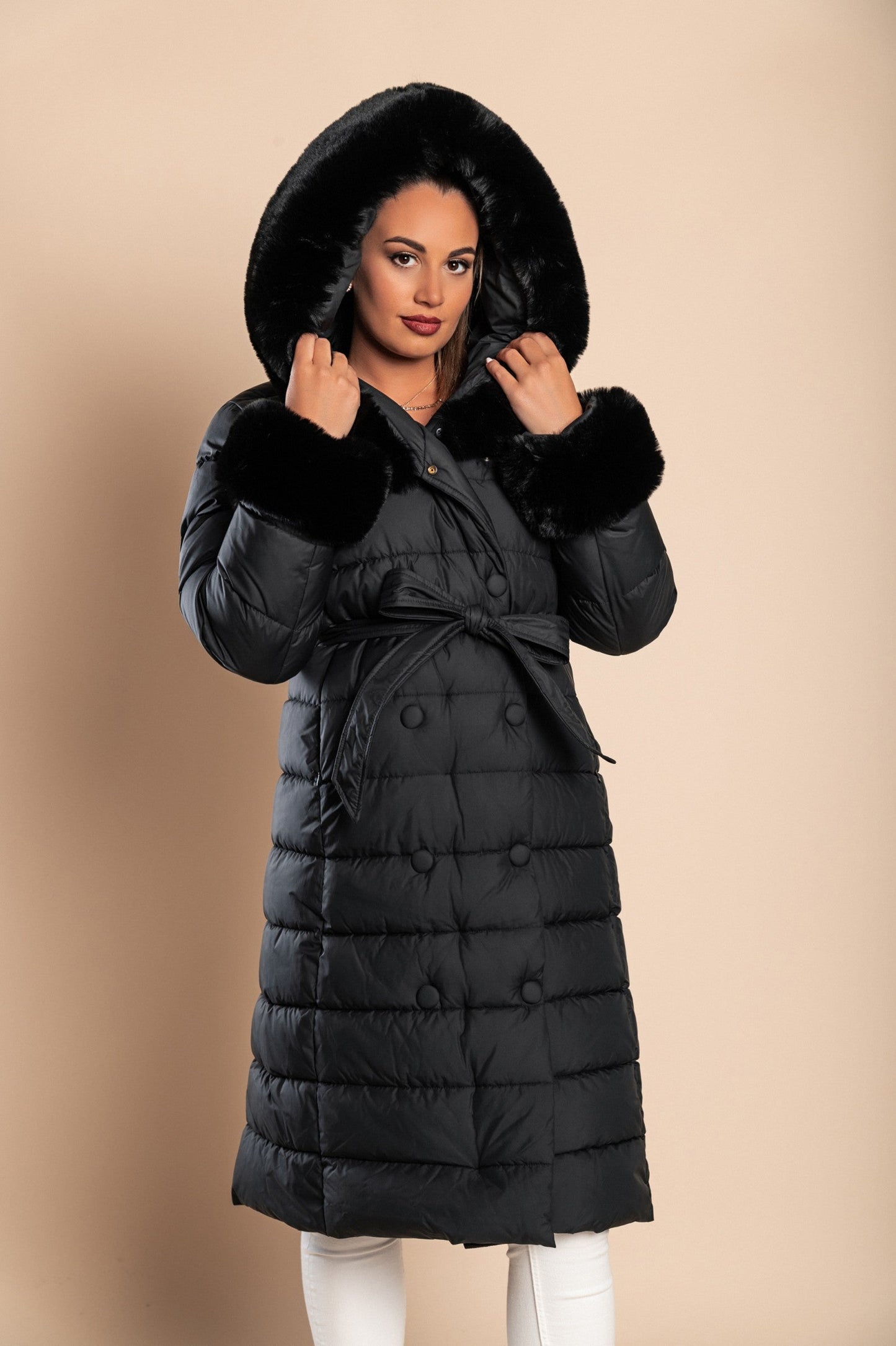 Long padded winter jacket with faux fur, black