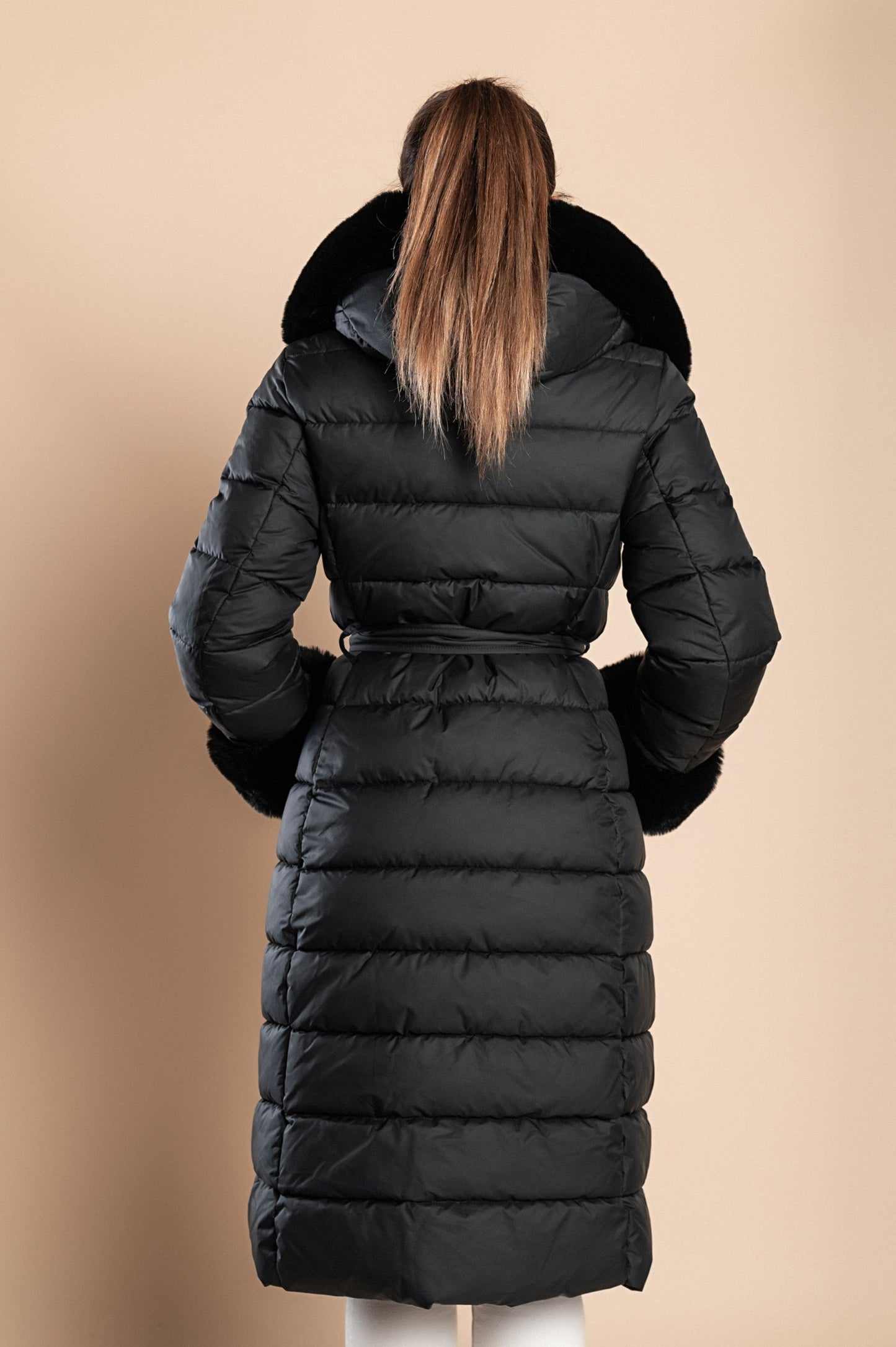 Long padded winter jacket with faux fur, black