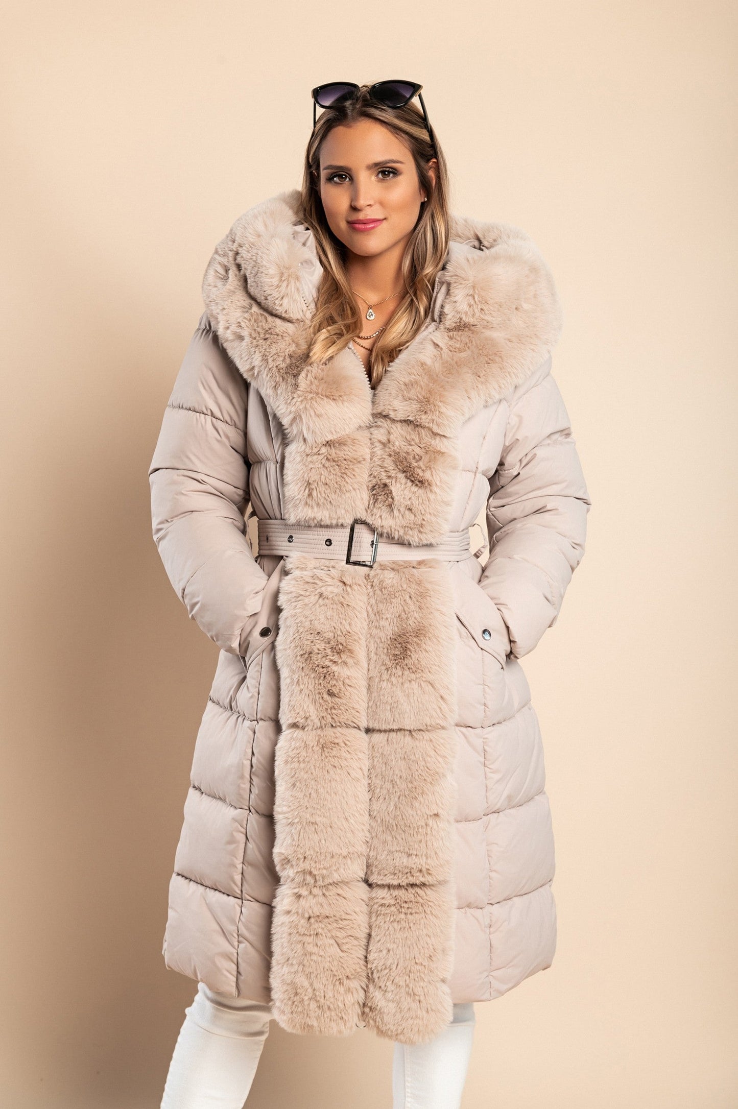 Padded winter jacket with faux fur, beige