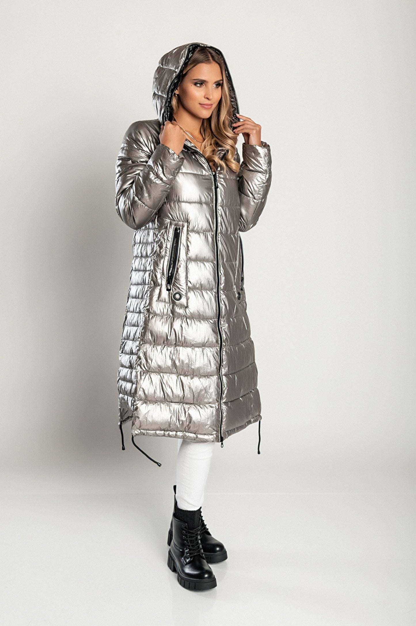 Long winter jacket with hood, 2237, silver