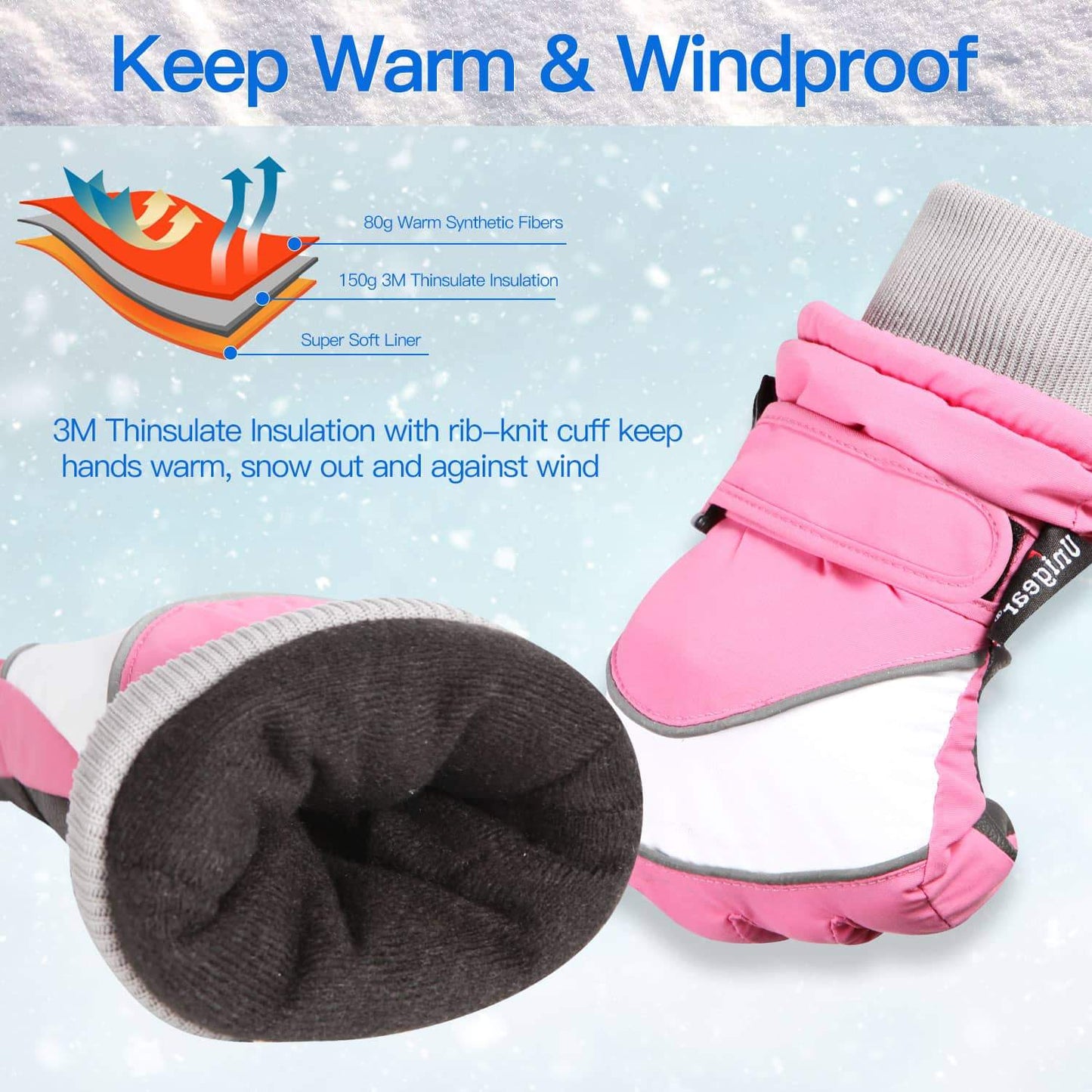 Close-up of pink and white Kid Winter Ski Gloves S4 with 3M Thinsulate insulation and rib-knit cuff, highlighting warmth and windproof features.