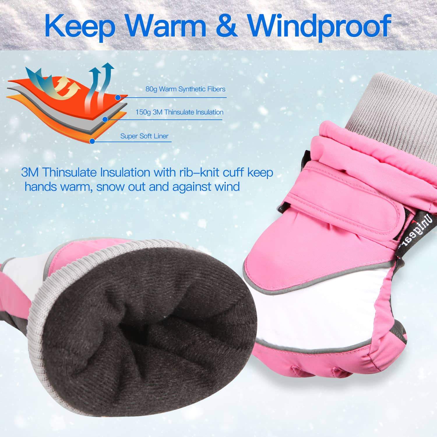 Close-up of pink and white Kid Winter Ski Gloves S4 with 3M Thinsulate insulation and rib-knit cuff, highlighting warmth and windproof features.