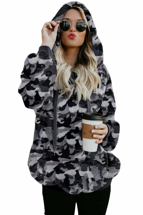 Winter Women's Gray Camo Print Warm Furry Pullover Hoodie