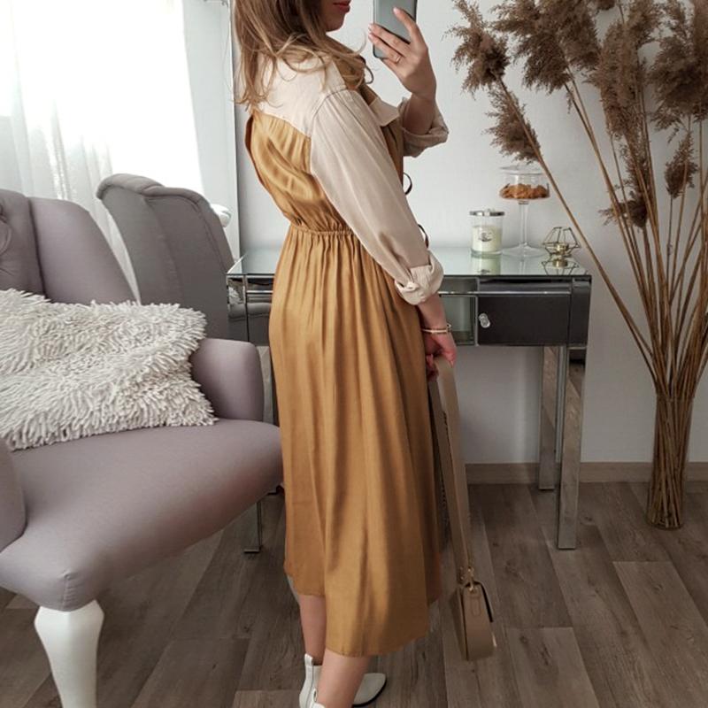 Elegant Khaki mid waist long sleeve dress autumn winter long female