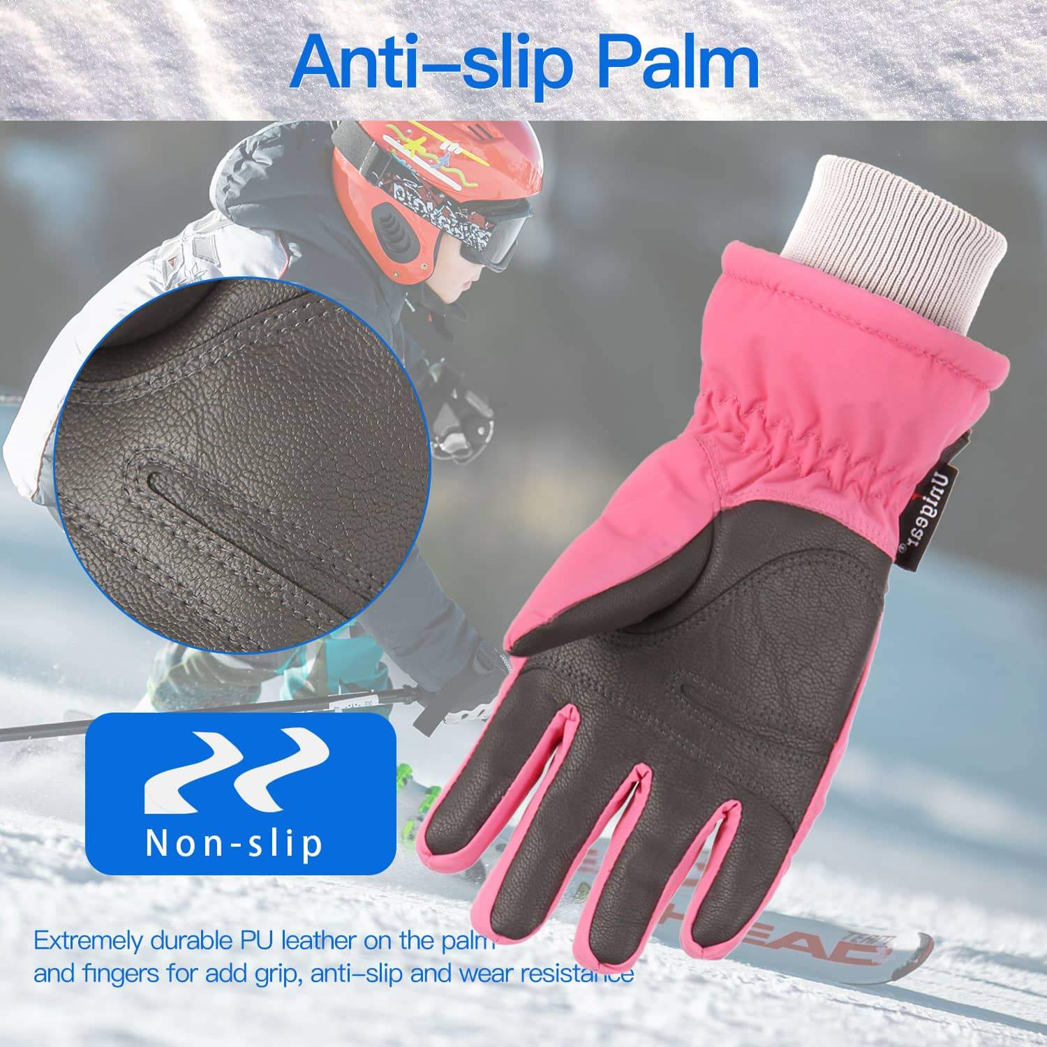 Kid Winter Ski Gloves S4 featuring anti-slip palm, durable PU leather details, and a child wearing the gloves skiing.