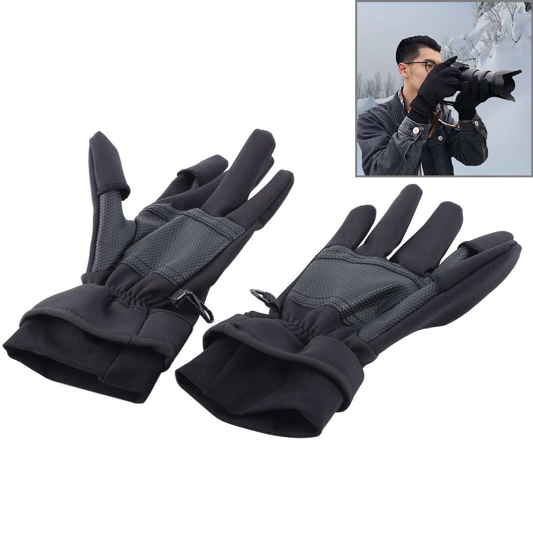 AMZER Outdoor Sports Wind-stopper full-finger winter photography gloves with a man using camera in cold weather.