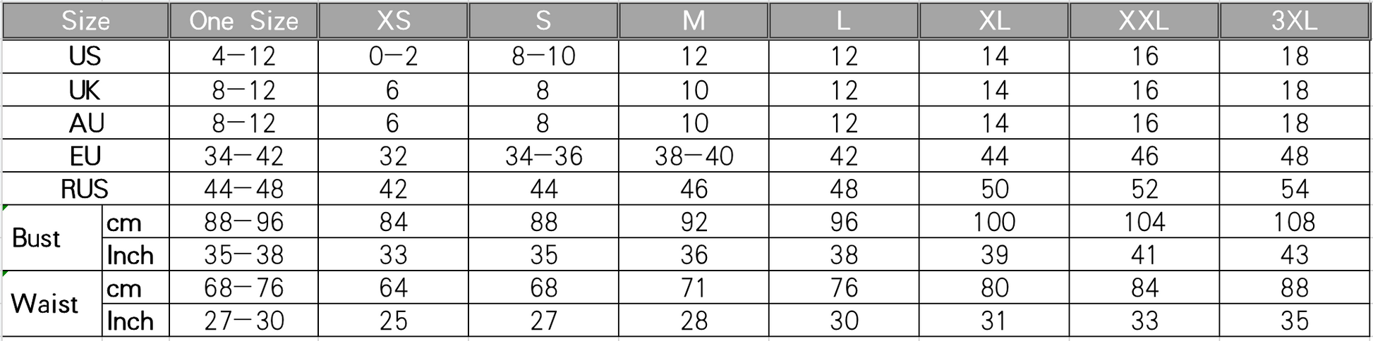 Detailed size chart showing US, UK, AU, EU, and RUS sizes for women's clothing including bust and waist measurements in inches and centimeters.