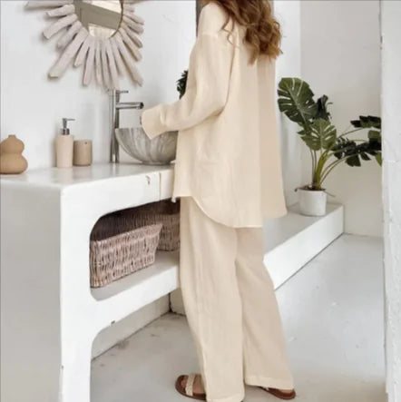 Chic Cotton Long Sleeve Shirt and Trousers Ensemble