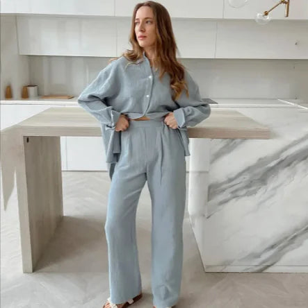 Chic Cotton Long Sleeve Shirt and Trousers Ensemble