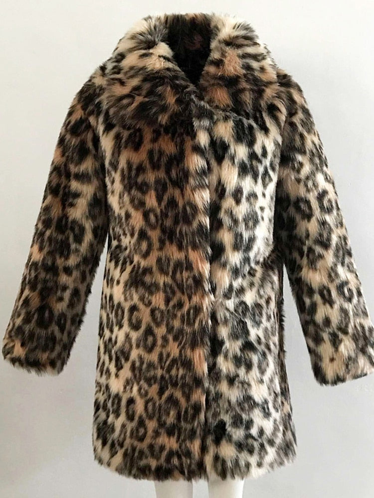 Leopard Print Faux Fur Coat Women 2022 Winter Long Sleeve Turn-down