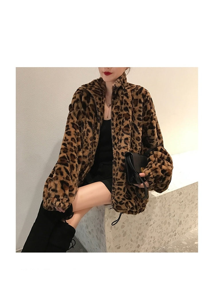 Winter Leopard Print Jacket Women's Stand collar Warm Parkas Outwear