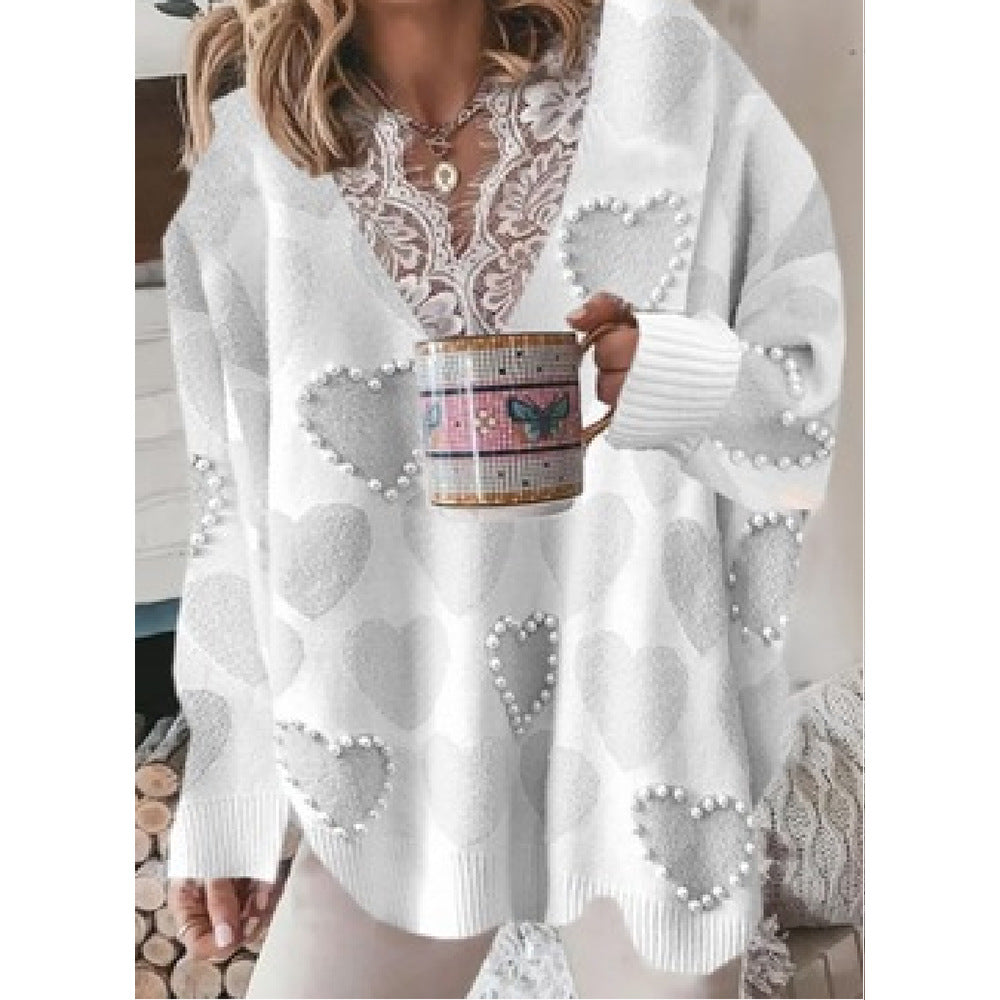 Fashion Sweaters Women Autumn Winter Lace V Neck Heart Print Knit