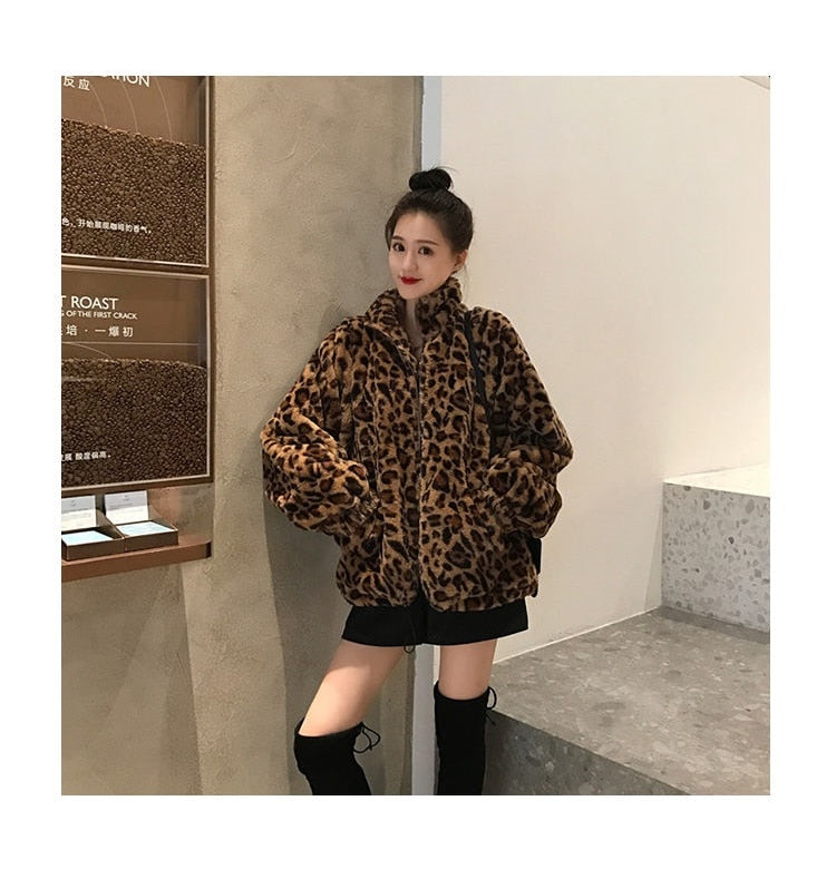 Winter Leopard Print Jacket Women's Stand collar Warm Parkas Outwear