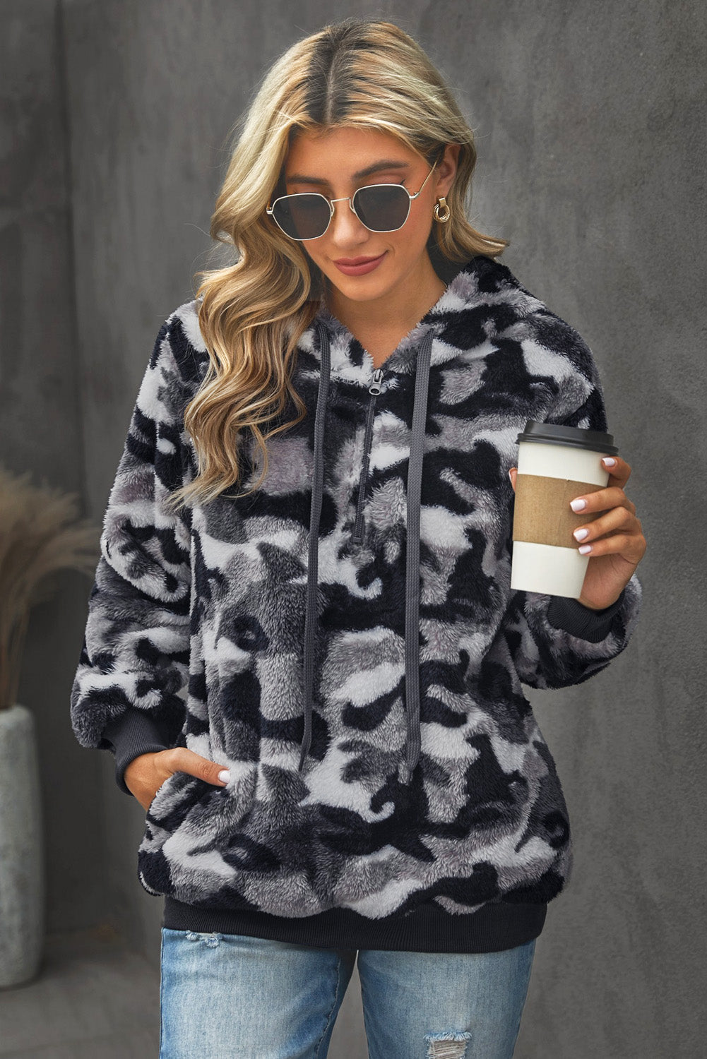 Winter Women's Gray Camo Print Warm Furry Pullover Hoodie