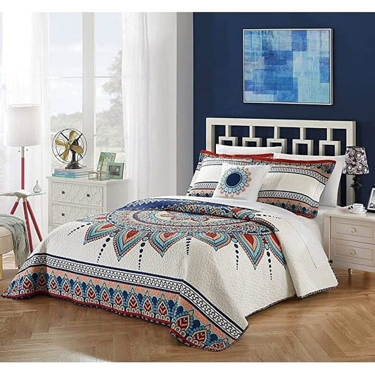 Queen size 4 Piece Cotton Blue White Boho Geometric Reversible Quilt