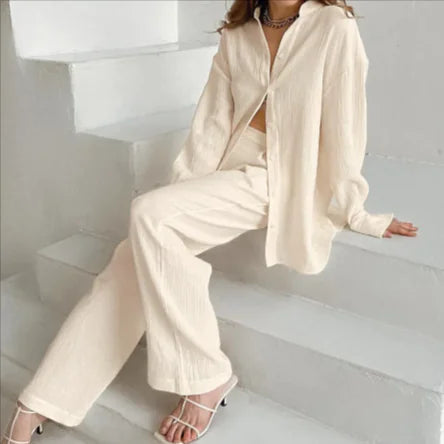 Chic Cotton Long Sleeve Shirt and Trousers Ensemble