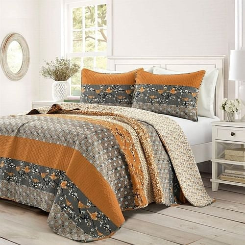 Full/Queen Orange Grey Boho Floral Birds Reversible Lightweight Quilt