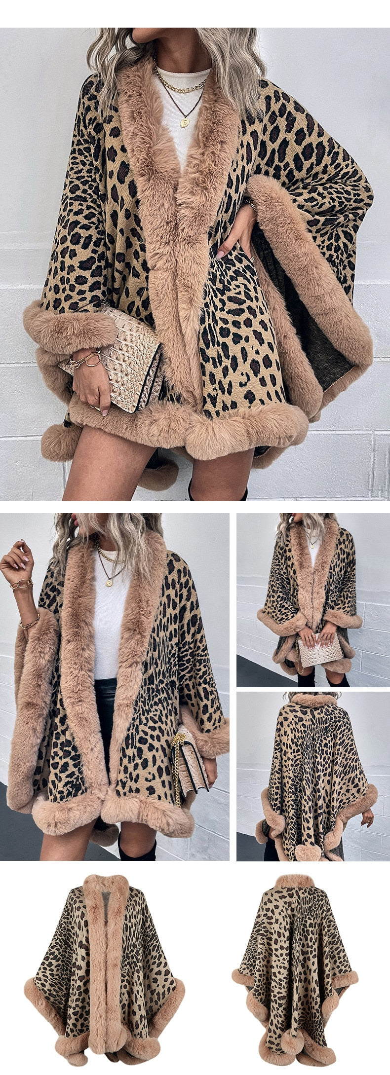 Woman modeling 2022 Winter Thick Warm Poncho with leopard print and fur collar in various poses, showcasing style and design.