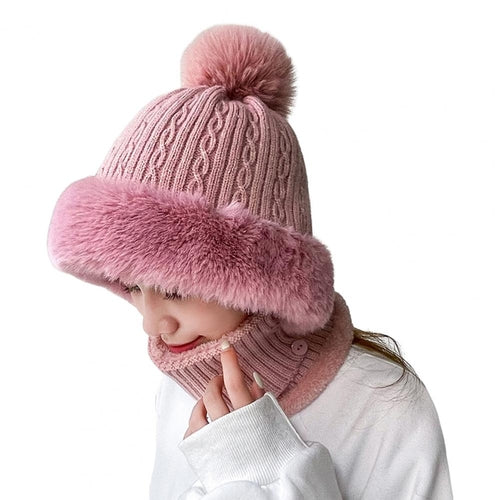 Knitted Hat Pompom Plush Ears Protection Solid Color Autumn Winter