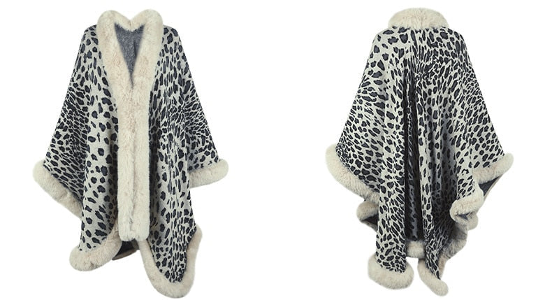 2022 Winter Thick Warm Poncho Fur Collar Cape Coat for Women in leopard print, vintage style, displayed from front and back.