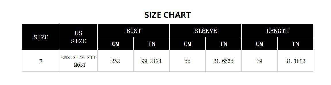 Size chart displaying measurements for a poncho in US and metric units, including bust, sleeve, and length dimensions.