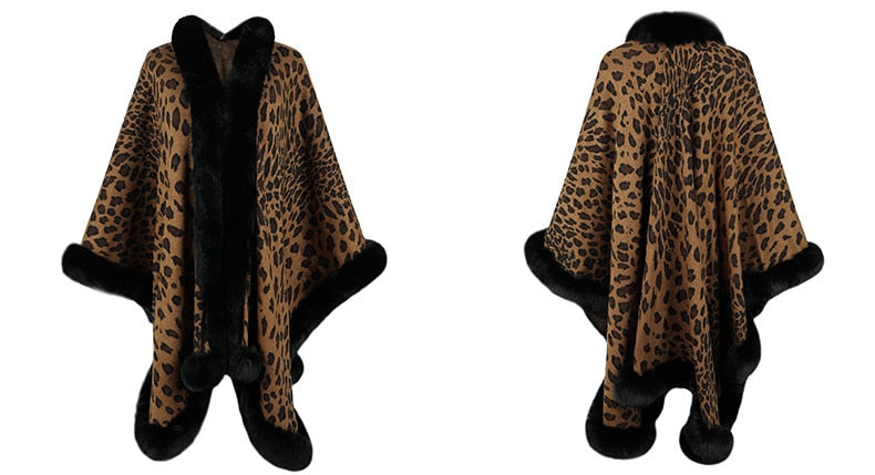 2022 Winter Thick Warm Poncho Fur Collar Cape Coat for Women, Vintage Leopard Pattern, Polyester, Stylish Batwing Sleeves