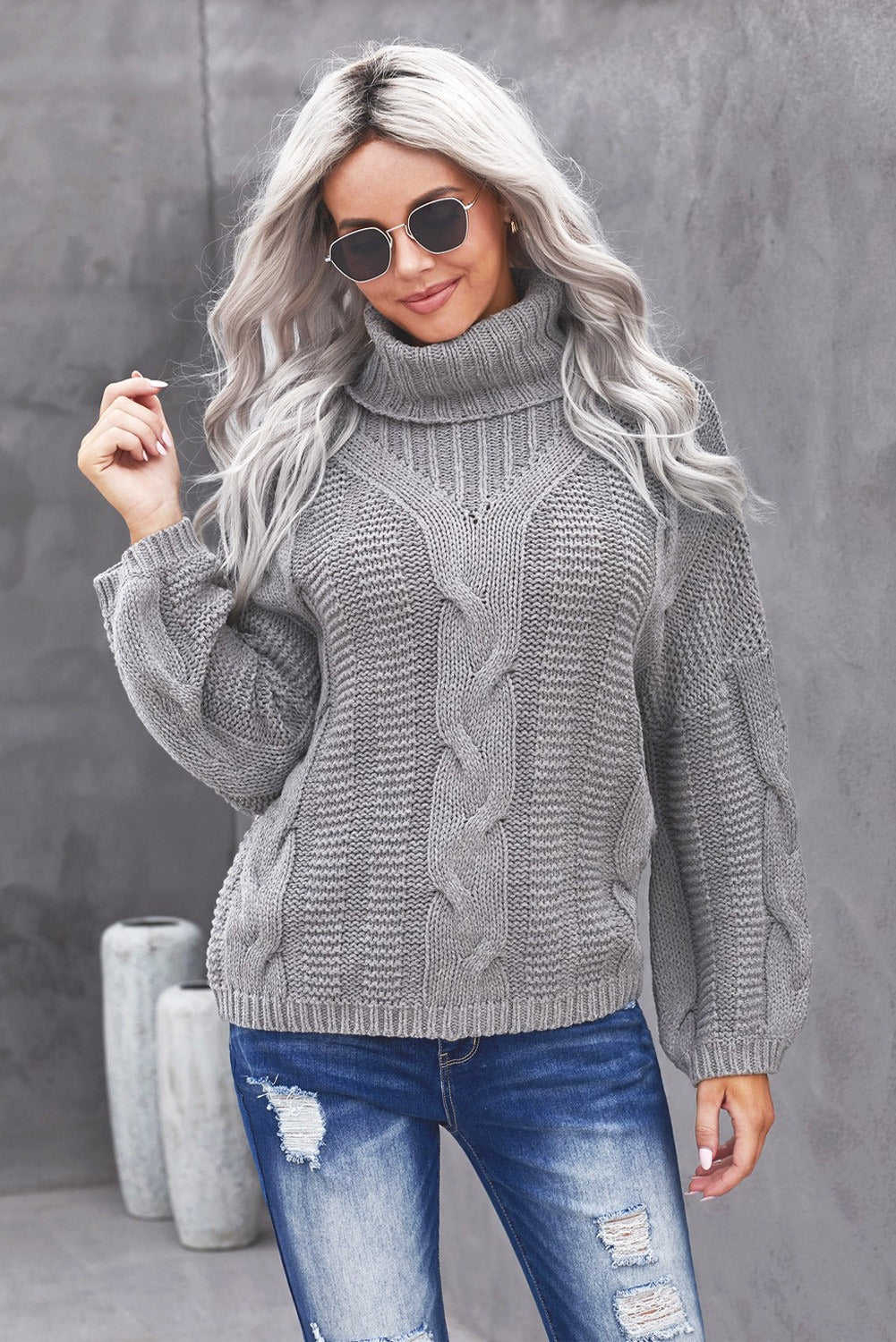 Winter Gray Oversize Turtleneck Textured Sweater