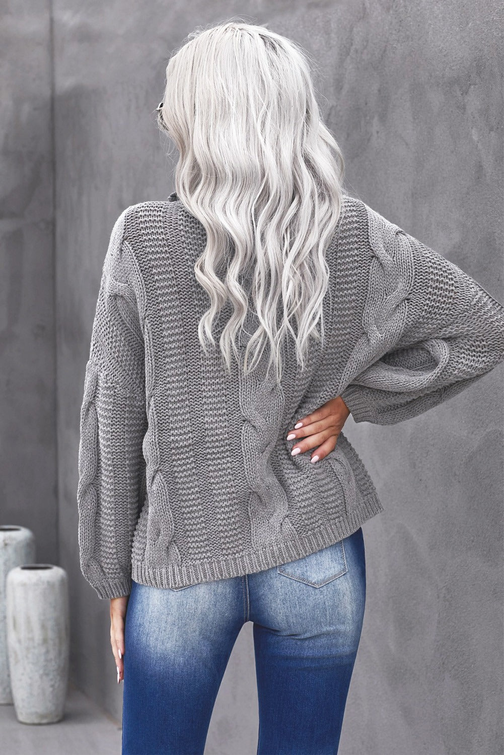 Winter Gray Oversize Turtleneck Textured Sweater