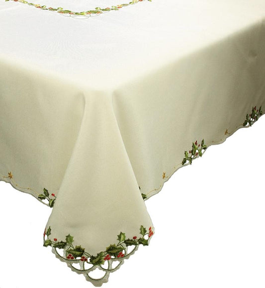 XD13188 Winter Berry Tablecloth with embroidered holly berries and leaves on an off-white background.