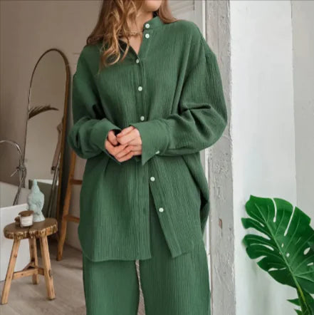 Chic Cotton Long Sleeve Shirt and Trousers Ensemble