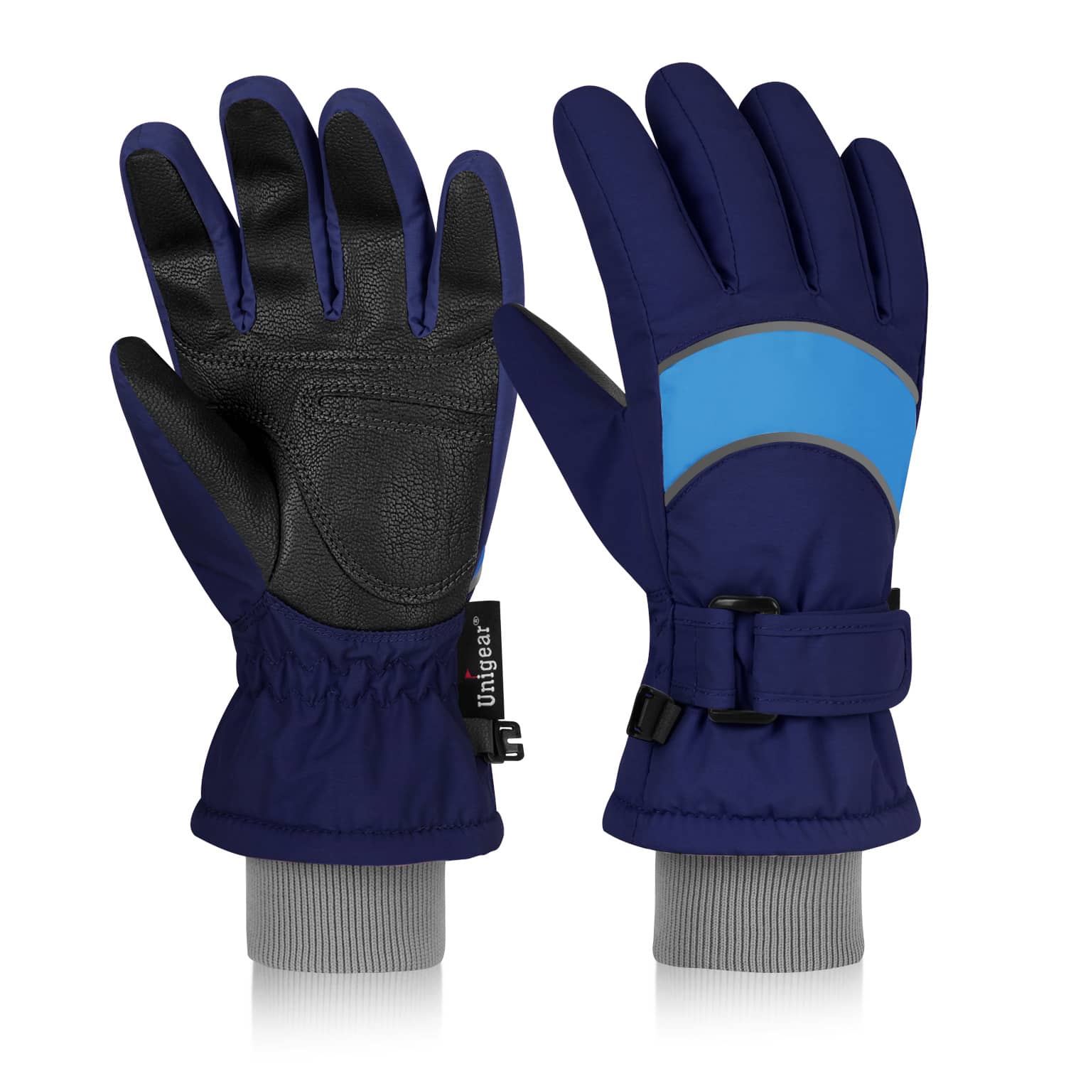 Pair of Kid Winter Ski Gloves S4 with 3M Thinsulate insulation and waterproof nylon fabric, blue and black design.