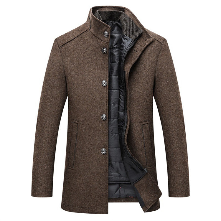 Stylish Winter Men Wool Jacket in camel color, slim fit design with button closure and raised collar